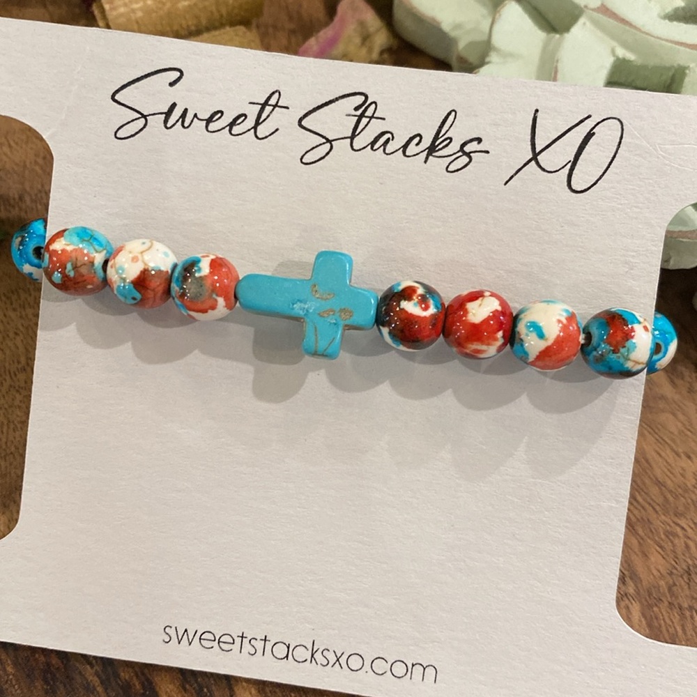Beaded Cross Bracelet in Multi Blue